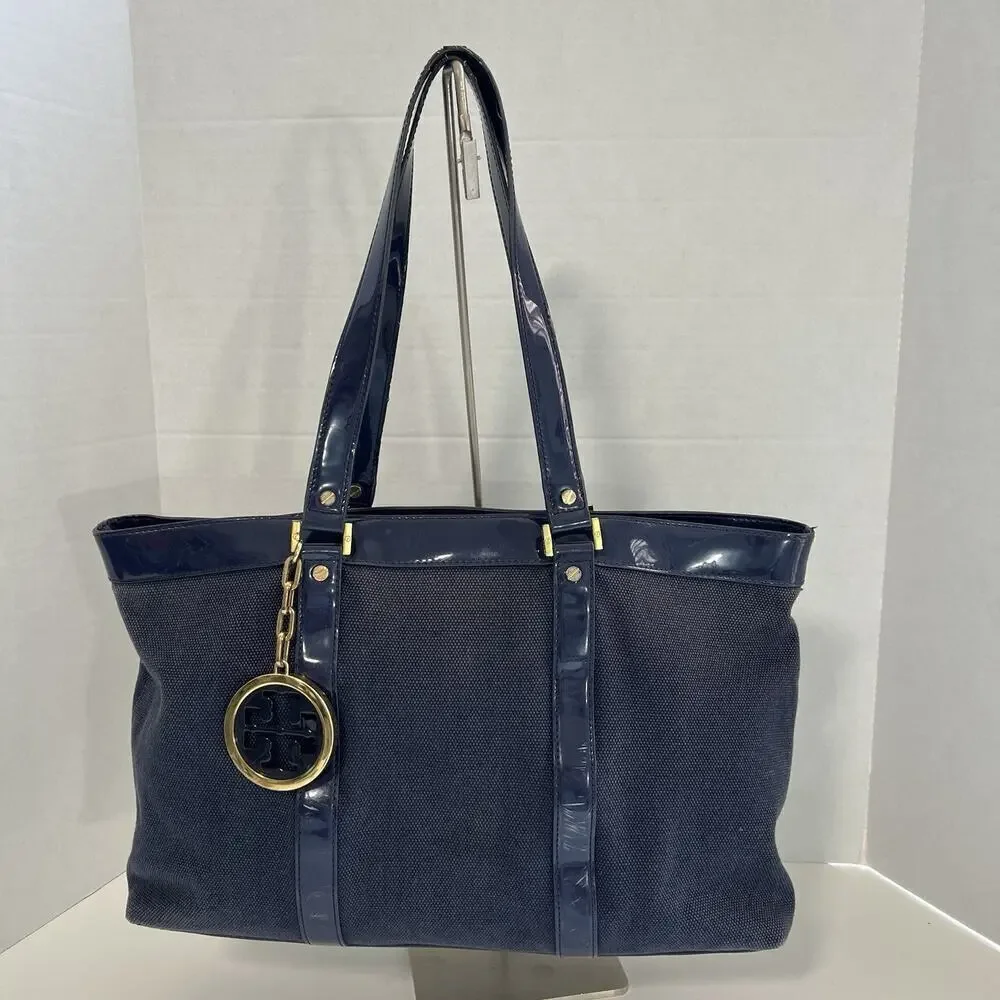 Tory Burch Canvas Jane Tote Shoulder Bag Beach Navy Blue Double Straps Travel